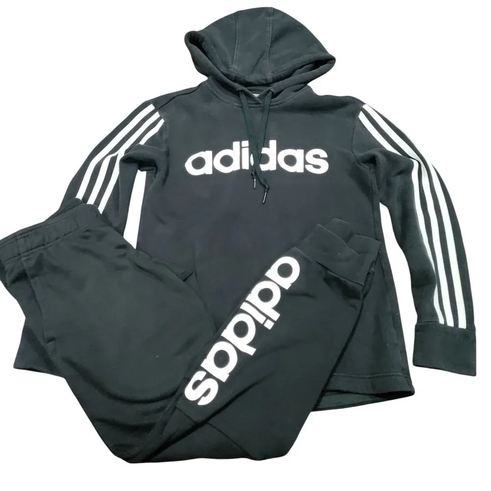 adidas 3-Stripe Long Sleeve Hoodie & Pull On Jogger Track Pants Set Black Boys S